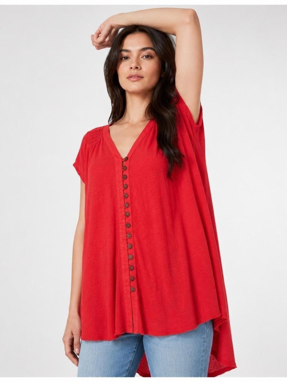 Free People Red Lotus Button-Front V-Neck Women's Top
